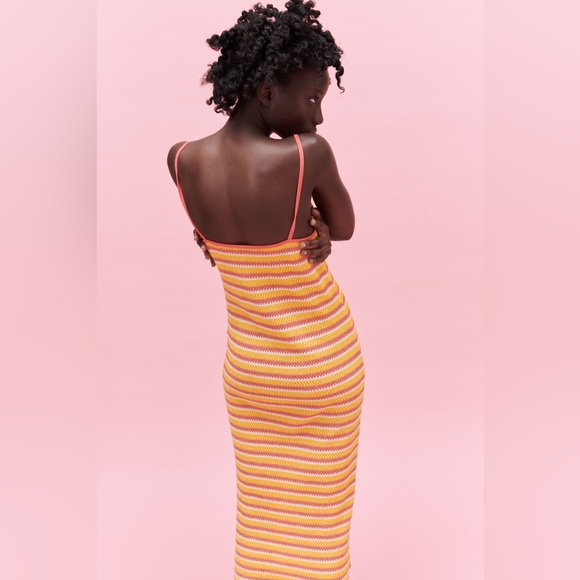 ✨NWT Zara Orange Yellow Striped Jacquard Crochet Knit Midi Dress Size Large - Picture 9 of 12